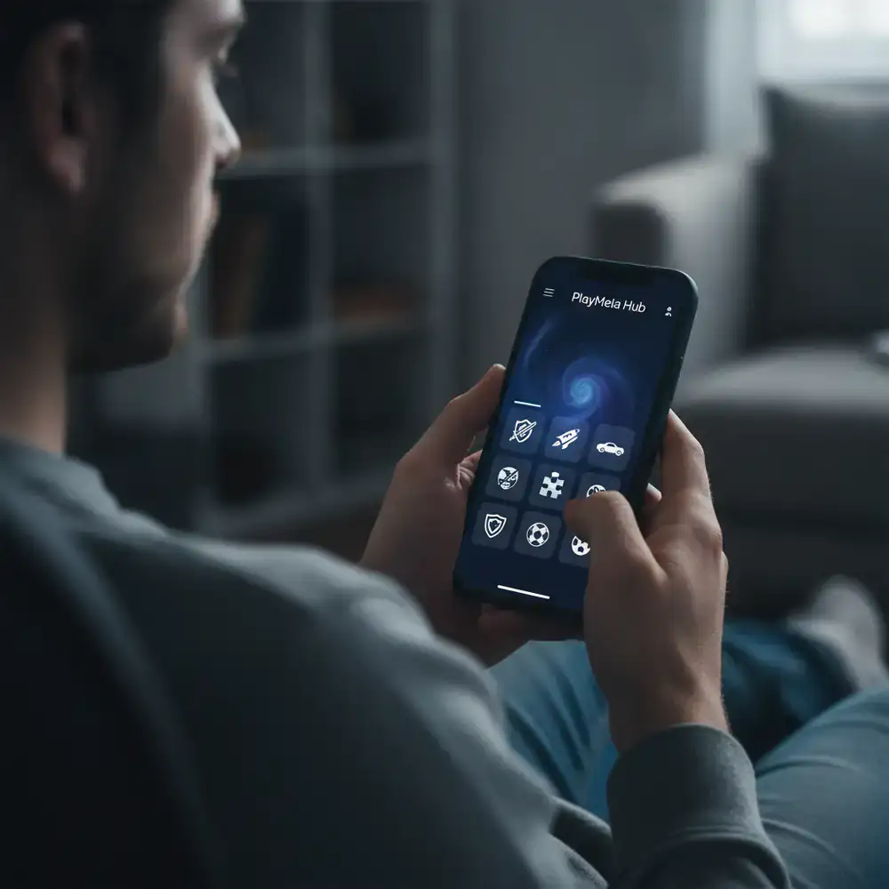 Player browsing games on the PlayMela Hub mobile interface