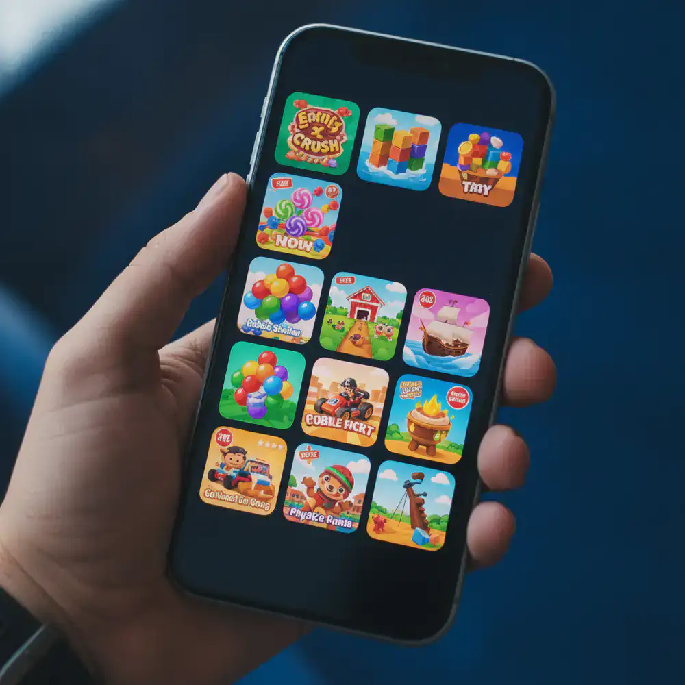 Mobile phone displaying a grid of vibrant casual games