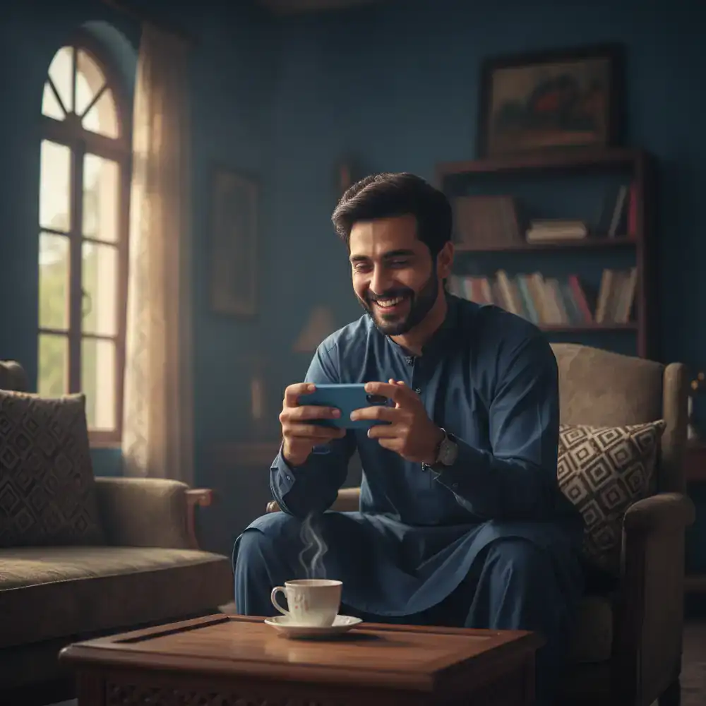 A happy player in Pakistan enjoying casual games on a mobile device