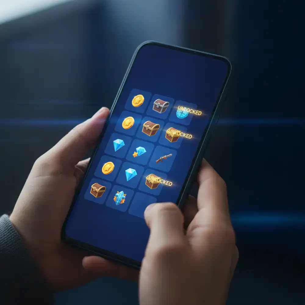 Player holding a mobile phone showing daily in-game gift unlocks