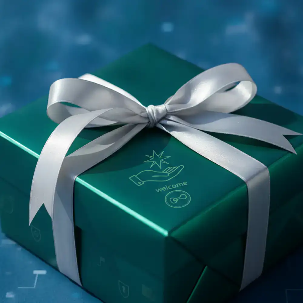 A brightly lit green gift box illustrating the welcome reward